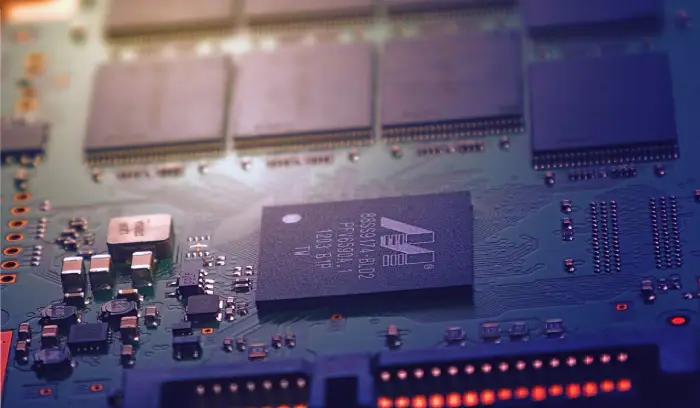 A close up of the electronic chip on a computer.