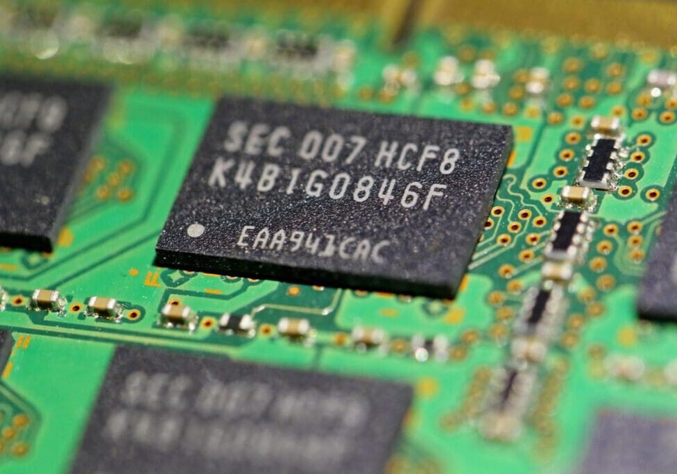 A close up of the chip on an electronic device.